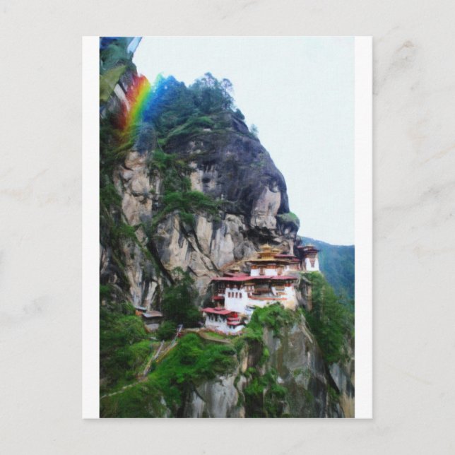 Tigers Nest Bhutan och prayer flaggor 4 regnbåge Vykort (Framsida)