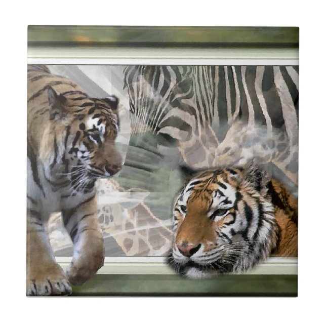 Tigers, Zebra, Giraffe, primitiv jungle Kakelplatta (Framsidan)