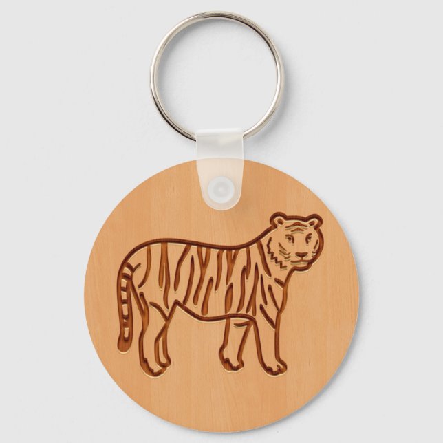 Tigersilhuett graverat på trädesign nyckelring (Framsida)
