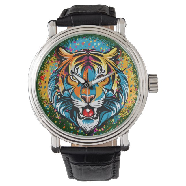 Tigert huvud regnbågsfärger färgar fläckar armbandsur (Framsida)