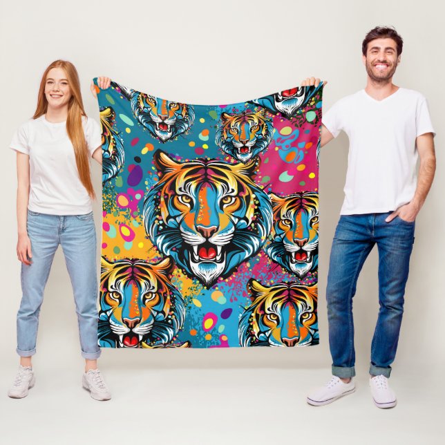 Tigert huvud regnbågsfärger färgar fläckar fleecefilt (På plats)