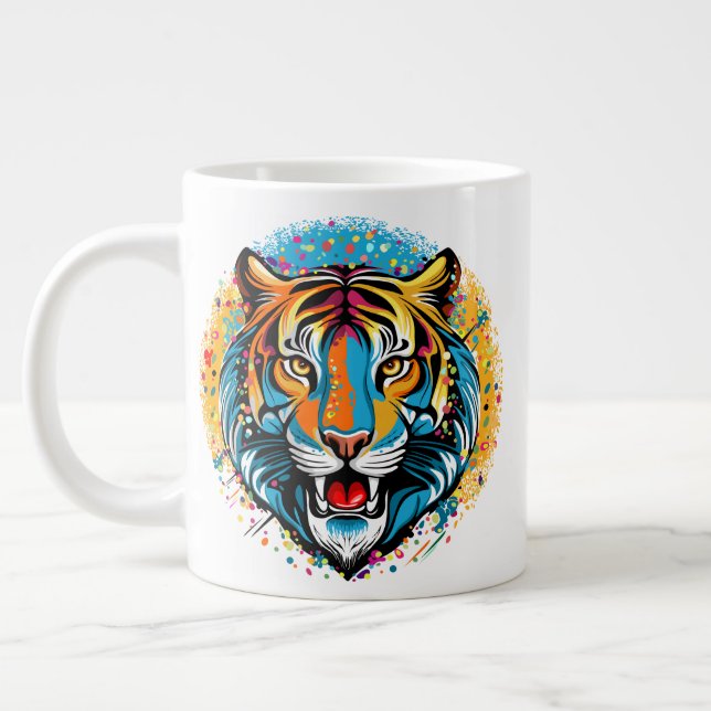 Tigert huvud regnbågsfärger färgar fläckar jumbo mugg (Vänster)