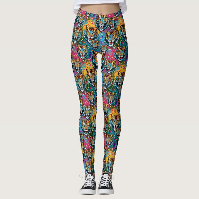 Tigert huvud regnbågsfärger färgar fläckar leggings (Framsida)