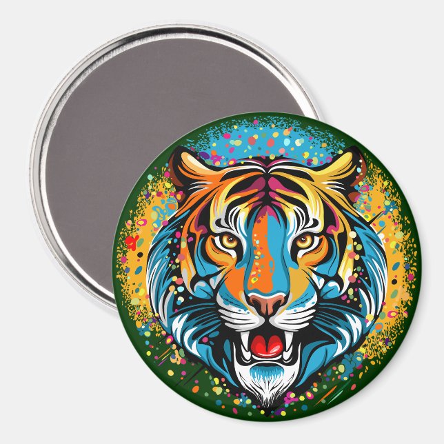 Tigert huvud regnbågsfärger färgar fläckar magnet (Front/Back)