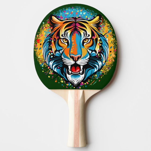 Tigert huvud regnbågsfärger färgar fläckar pingisracket (Framsidan)