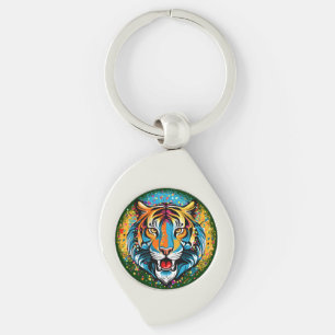 Tigert huvud regnbågsfärger färgar fläckar swirl silverfärgad nyckelring