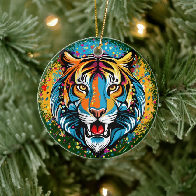 Tigert huvud regnbågsfärger paint stains julgransprydnad keramik (Träd)