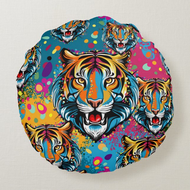 Tigert huvud regnbågsfärger paint stains rund kudde (Baksidan)