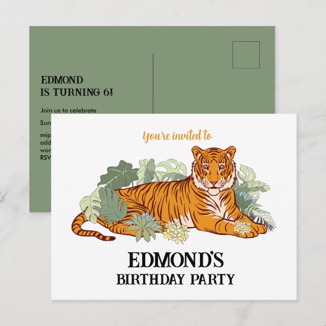 Tigger inbjudan pojke födelsedagsfest djur djungel (Fram/baksida)