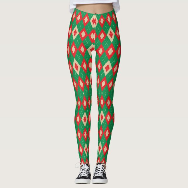 Tights med en festlig röd och grön argyle  (Framsida)