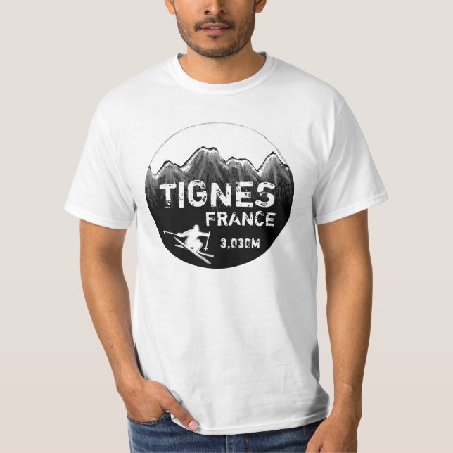 Tignes Frankrike svartvit skidkonst Tee (Framsida)