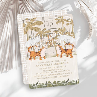 Tigrar Beige Chinoiserie Mahjong Babyfirande Inbjudningar