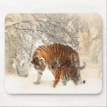 Tigrar på snö musmatta<br><div class="desc">Tiger mamma och barn som går på landskapsfoto i snö.</div>