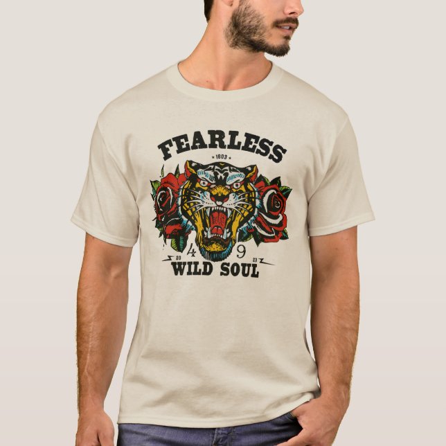 Tigre tattoo old school fleur fearless wild soul t shirt (Framsida)