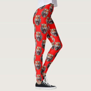 Tigrens Huvud Mönster Design Röd Leggings