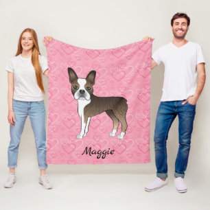 Tigrerad Boston Terrier Hund På Rosa Hjärtan Och N Fleecefilt
