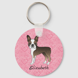Tigrerad Boston Terrier Hund På Rosa Hjärtan Och N Nyckelring