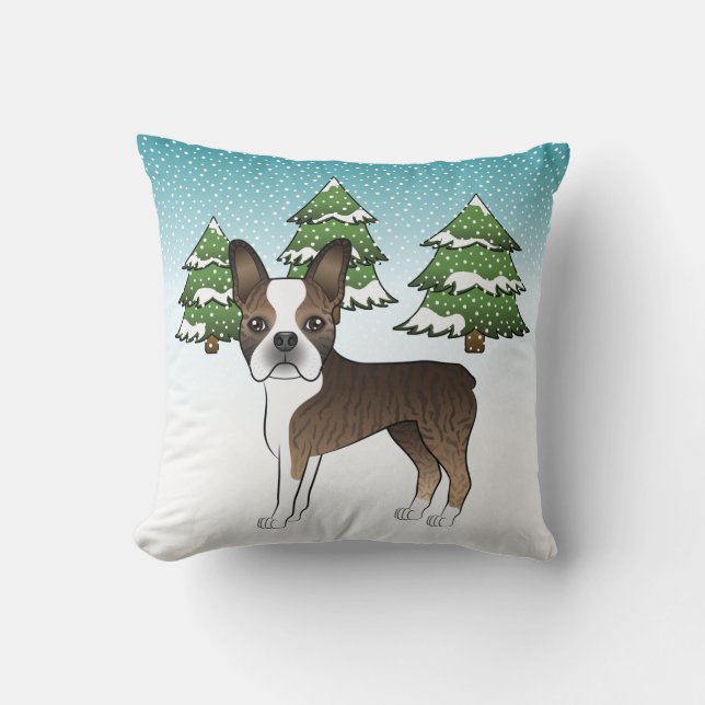 Tigrerad Boston Terrier i en vinterskog Kudde (Framsida)