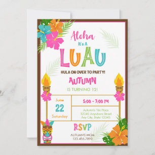 Tiki Aloha Luau Hawaiian Tropical Summer Birthday Inbjudningar
