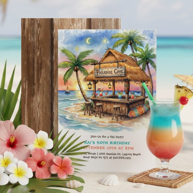 Tiki Bar Tropisk Strand Födelsedagsfest Inbjudningar (Skapare uppladdad)