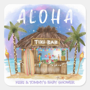 Tiki Beach Bar Tropisk Surf & Sea Baby Shower Fyrkantigt Klistermärke