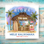 Tiki Beach Pub Tropical Måne Santa Mele Kalikimaka Julkort<br><div class="desc">Tropiskt julkort har tomten en semester på Tiki pub på stranden under måne och stjärnor med handflatan träd, helgdag ljus och Hawaiian Aloha och Mele Kalikimaka hälsning. Tropiska cocktails, ananas, hibiscus och handflatan löv, en ytskiva och en papegoja i en pirat som dekorerar pub. Den omvända sidan är en tvinnad...</div>