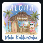 Tiki Beach Pub | Tropical Mele Kalikimaka Santa Fyrkantigt Klistermärke<br><div class="desc">Tropiska klistermärken (eller kuvertsälar) har tomten på stranden under måne och stjärnor med handflatan träd,  helgdag ljus och Hawaiian "Aloha" och "Mele Kalikimaka" hälsning. Tropiska cocktails,  ananas,  hibiscus och handflatan löv,  en ytskiva och en papegoja i en pirat som dekorerar pub. Art av KL Lagrar</div>
