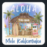 Tiki Beach Pub | Tropical Mele Kalikimaka Santa Fyrkantigt Klistermärke<br><div class="desc">Tropiska klistermärken (eller kuvertsälar) har tomten på stranden under måne och stjärnor med handflatan träd,  helgdag ljus och Hawaiian "Aloha" och "Mele Kalikimaka" hälsning. Tropiska cocktails,  ananas,  hibiscus och handflatan löv,  en ytskiva och en papegoja i en pirat som dekorerar pub. Art av KL Lagrar</div>