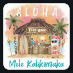 Tiki Beach Tropical Sunset Mele Kalikimaka Santa Fyrkantigt Klistermärke<br><div class="desc">Tropiska julklistermärken (eller kuvertsälar) har tomten på stranden vid Tiki pub vid solnedgången med handflatan träd,  helgdag string ljus och Hawaiian "Aloha" och "Mele Kalikimaka" hälsning. Tropiska cocktails,  ananas,  hibiscus och handflatan löv,  en ytskiva och en papegoja i en pirat som dekorerar pub. Art av KL Lagrar</div>