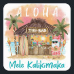 Tiki Beach Tropical Sunset Mele Kalikimaka Santa Fyrkantigt Klistermärke<br><div class="desc">Tropiska julklistermärken (eller kuvertsälar) har tomten på stranden vid Tiki pub vid solnedgången med handflatan träd,  helgdag string ljus och Hawaiian "Aloha" och "Mele Kalikimaka" hälsning. Tropiska cocktails,  ananas,  hibiscus och handflatan löv,  en ytskiva och en papegoja i en pirat som dekorerar pub. Art av KL Lagrar</div>