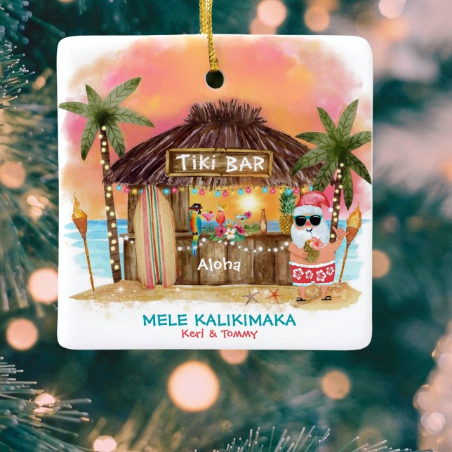 Tiki Beach Tropical Sunset Mele Kalikimaka Santa Julgransprydnad Keramik (Skapare uppladdad)