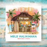 Tiki Beach Tropical Sunset Mele Kalikimaka Santa Julkort<br><div class="desc">Det tropiska julkortet har en semester på Tiki pub på stranden vid solnedgången med handflatan träd, helgdag string ljus och Hawaiian "Aloha" och "Mele Kalikimaka" hälsning. Tropiska cocktails, ananas, hibiscus och handflatan löv, en ytskiva och en papegoja i en pirat som dekorerar pub. Den omvända sidan är turkosa blå grönt,...</div>