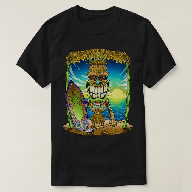 Tiki Head Surfer Surfboard Beach Hawaii Hut Tribal T Shirt (Design framsida)