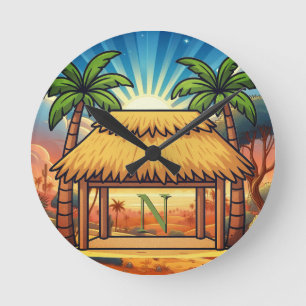 Tiki Hut Mongram Personlig Rund Klocka