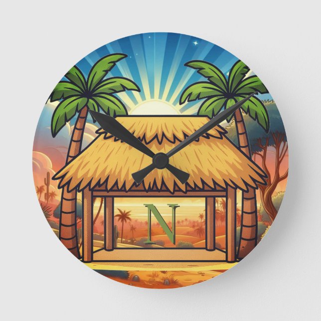 Tiki Hut Mongram Personlig  Rund Klocka (Framsida)