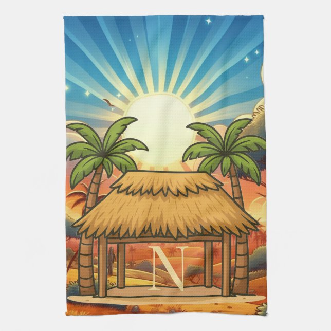 Tiki Hut Sunrise Monogram Personlig  Kökshandduk (Vertikal)