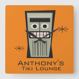 Tiki Lounge PERSONLIG NAMN och FÄRG Square Wal Fyrkantig Klocka