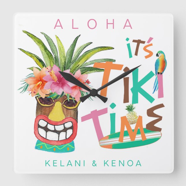 Tiki Luau | Aloha Tropical Beach Tiki Pub Fyrkantig Klocka (Framsida)
