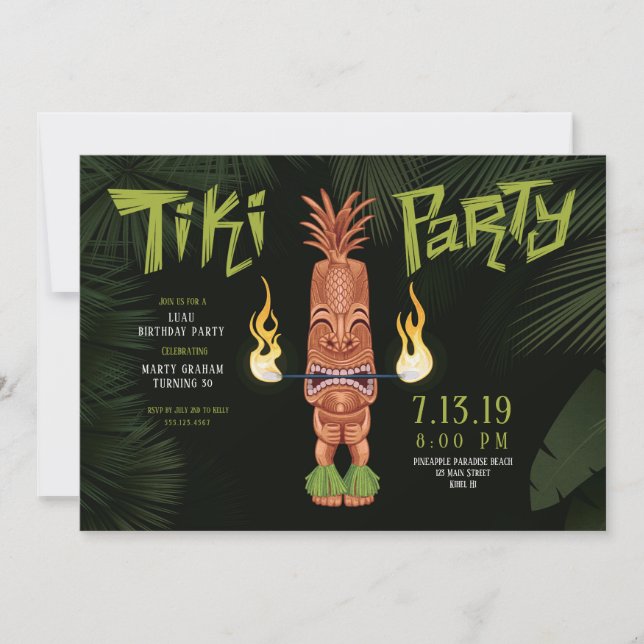 Tiki Luau Födelsedagsfest Invitation på kvällen Inbjudningar (Framsida)
