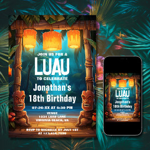 Tiki Luau Hawaiian Tropical Island Beach Birthday Inbjudningar