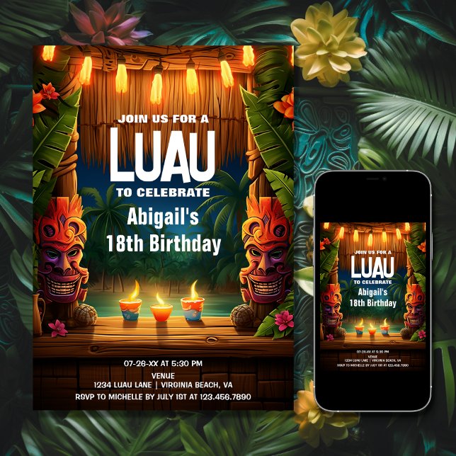 Tiki Luau Hawaiian Tropical Island Beach Birthday Inbjudningar (Printed and Digital - Tiki Luau Hawaiian Tropical Island Beach Birthday Invitation)