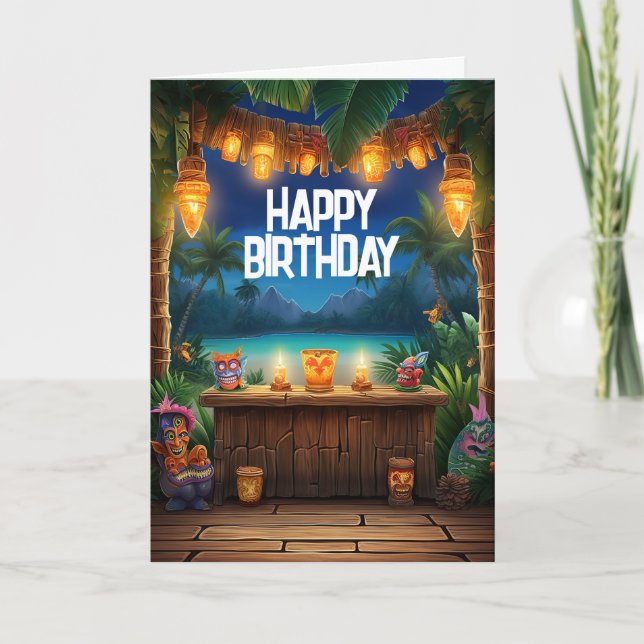 Tiki Luau Hawaiian Tropical Island Beach Birthday Kort (Framsida)