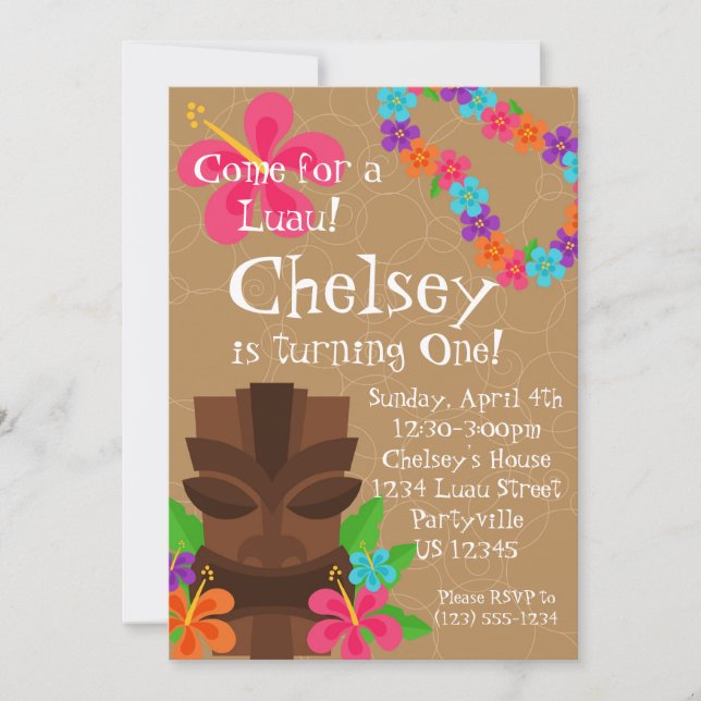 Tiki Man och Flower Lei Luau Födelsedagsfest Inbjudningar (Framsida)