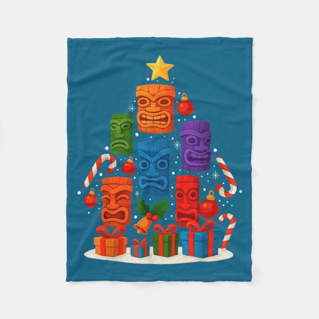 Tiki Mask Luau Christmas Tree Hawaiian Xmas Hat Ha Fleecefilt (Framsidan)