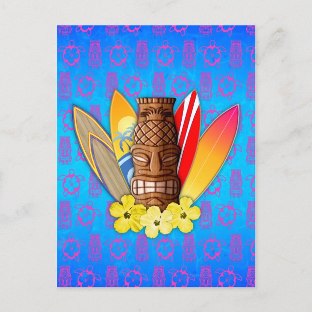 Tiki-mask och surfbrädor vykort (Framsida)