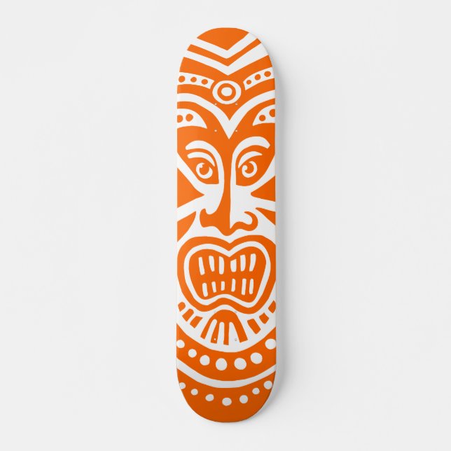 Tiki Mask Stil - Orange om vit Old School Skateboard Bräda 18 Cm (Framsida)