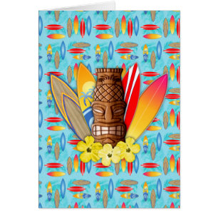 Tiki maskerar och surfingbrädor hälsningskort