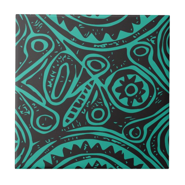 Tiki Mönster Black and Grönt Ceramic Tile Kakelplatta (Framsidan)