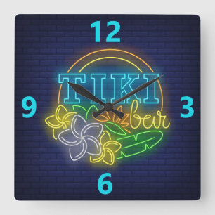 Tiki Neon Sign Square Wall Clock (väggspärr) i P Fyrkantig Klocka