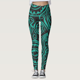 Tiki polynesiskt mönster svart och grönt leggings